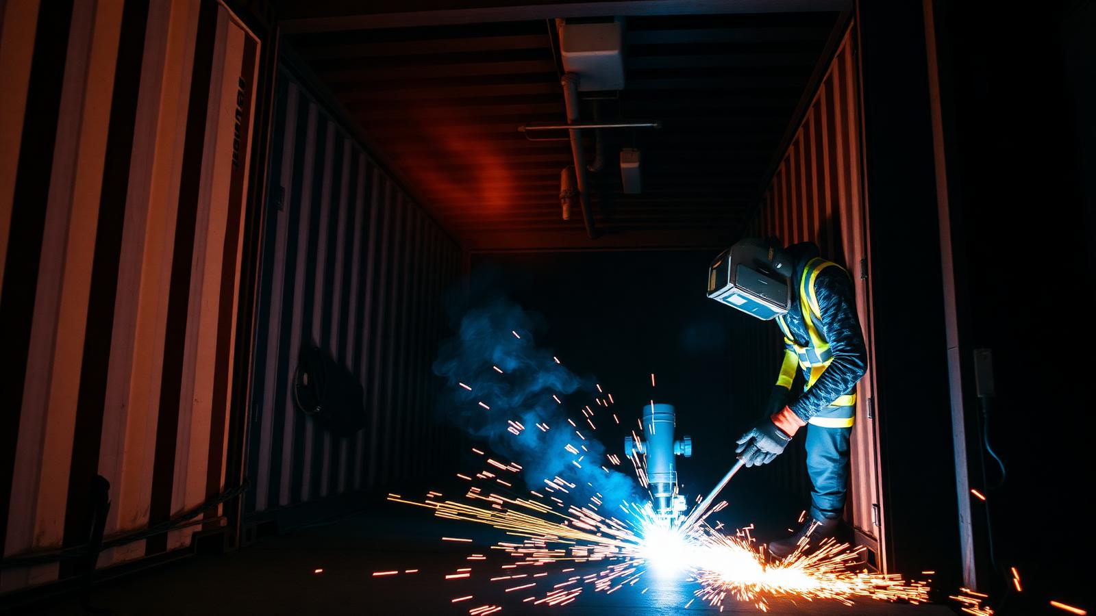 Solda de estrutura em container na fábrica Aurex