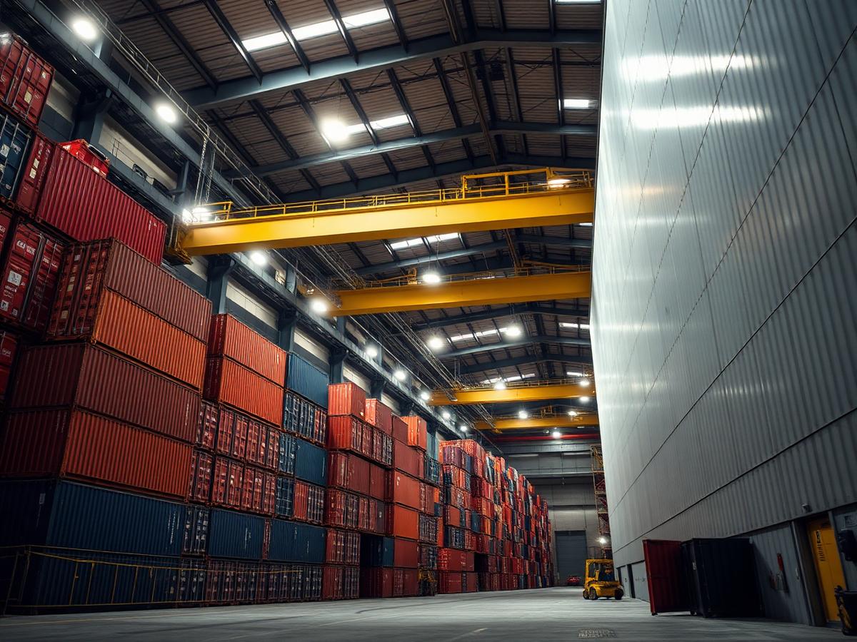 Área industrial com guindastes e containers empilhados